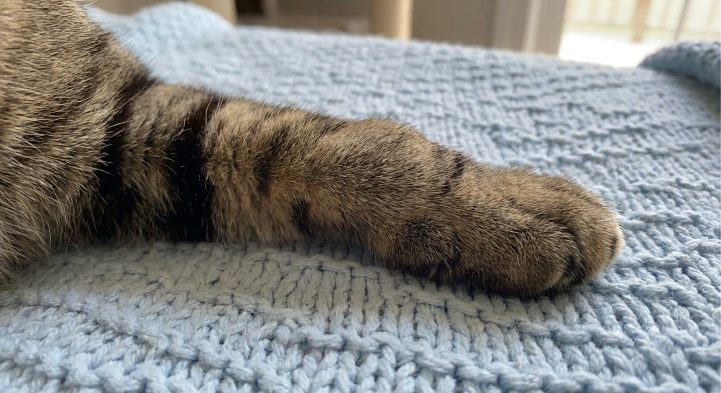 A close-up photograph of a cat’s lower leg with visible swelling near the ankle area while the cat rests on a blanket