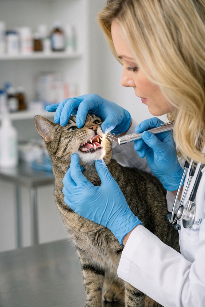 A close-up photograph of a cat’s mouth being gently examined by a veterinarian wearing gloves