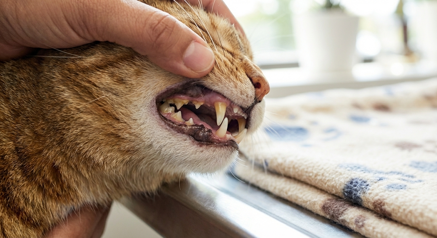 A close-up photograph of a cat's teeth with mild tartar along the gumline