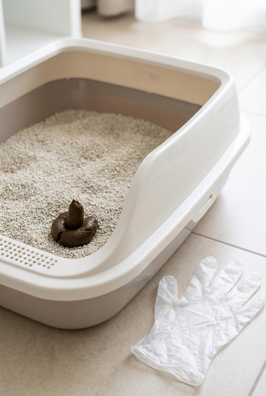 A close-up photograph of a clean litter box with a fresh stool sample in the corner and a disposable glove nearby