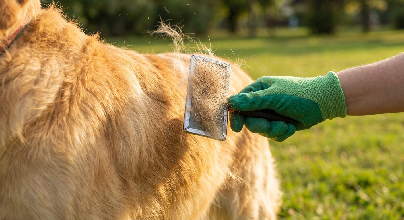 A close-up photograph of a dog being brushed outdoors with visible loose fur
