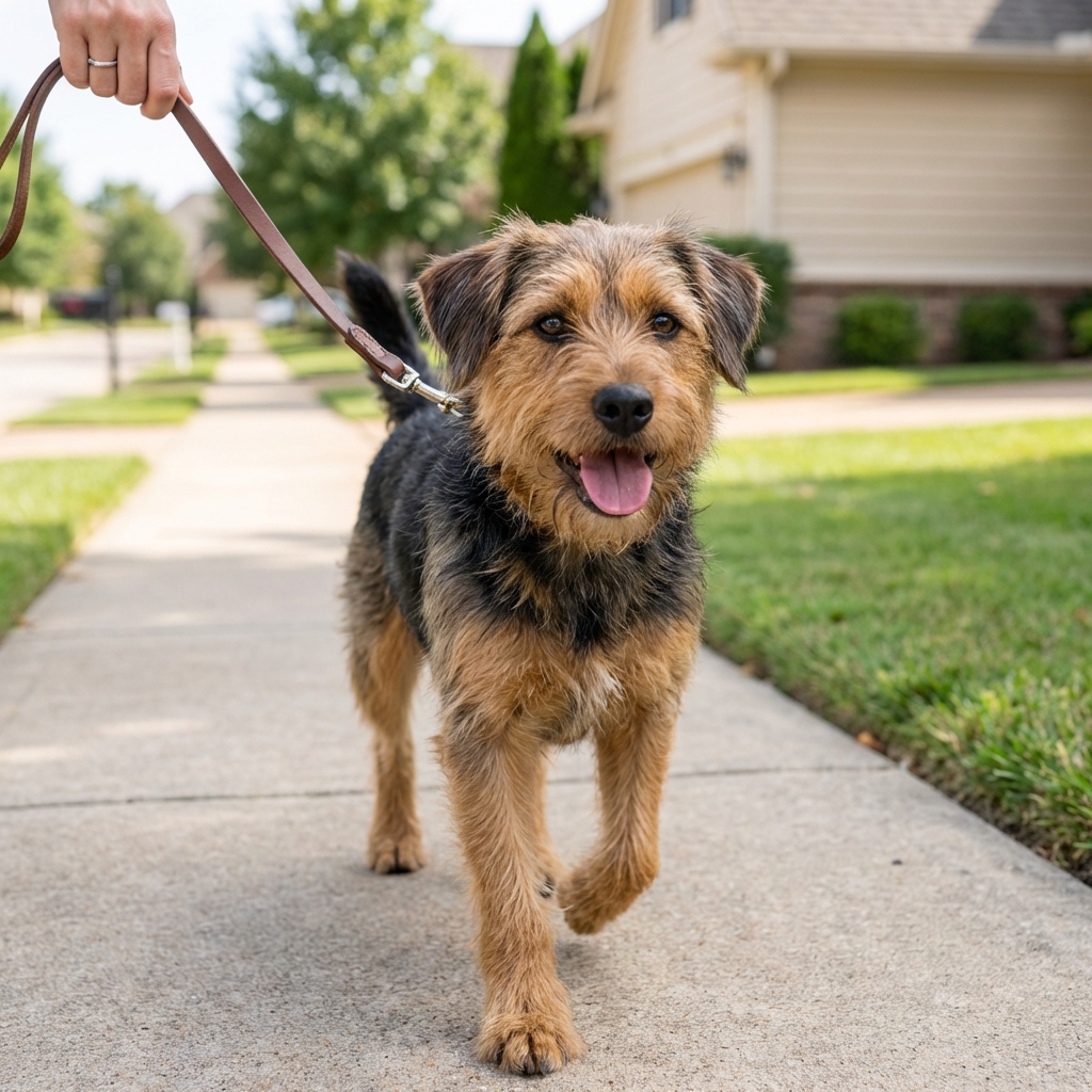 A close-up photograph of a dog being walked on a leash on a quiet neighborhood sidewalk