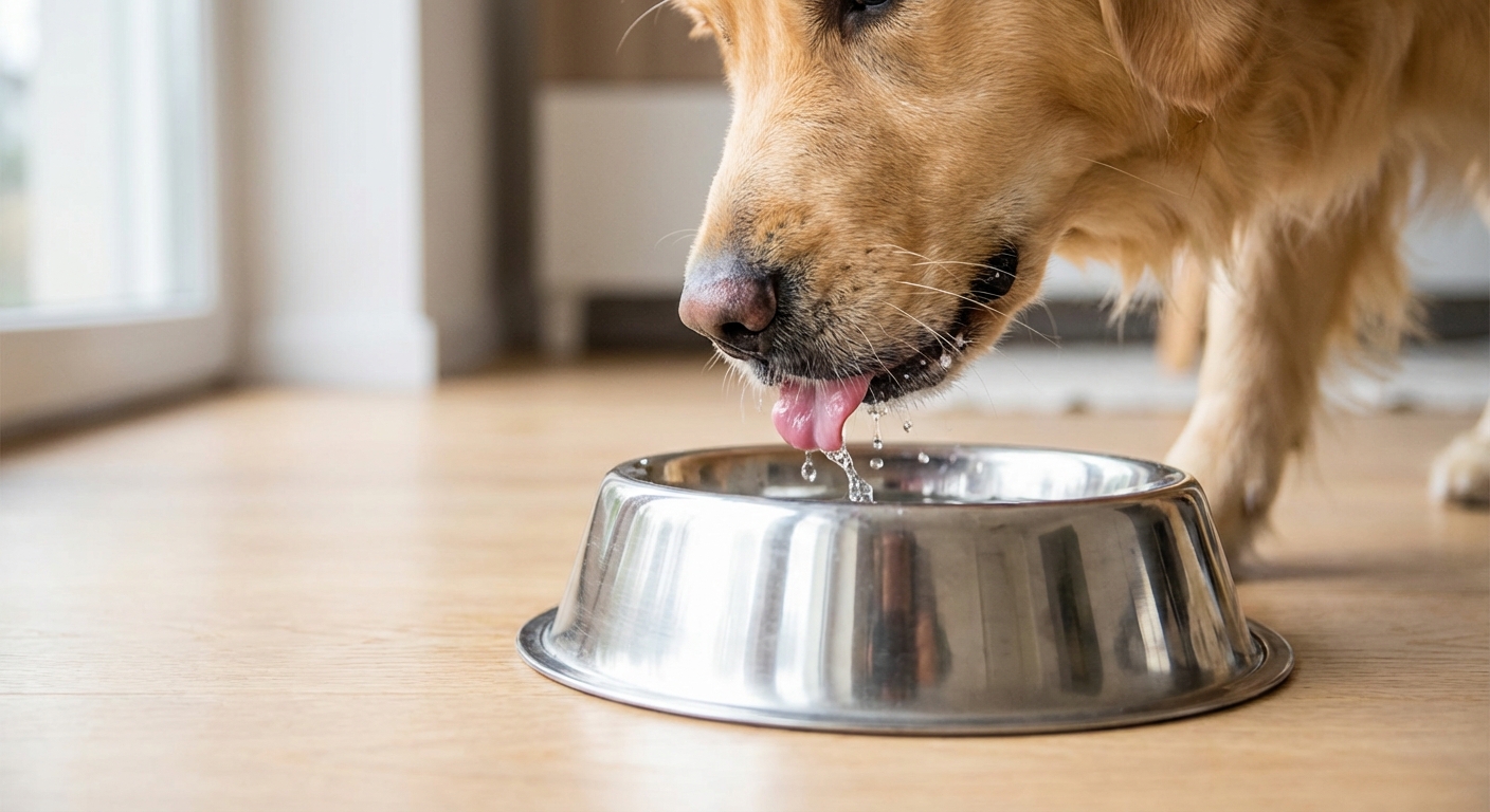 A close-up photograph of a dog drinking fresh water from a stainless steel bowl