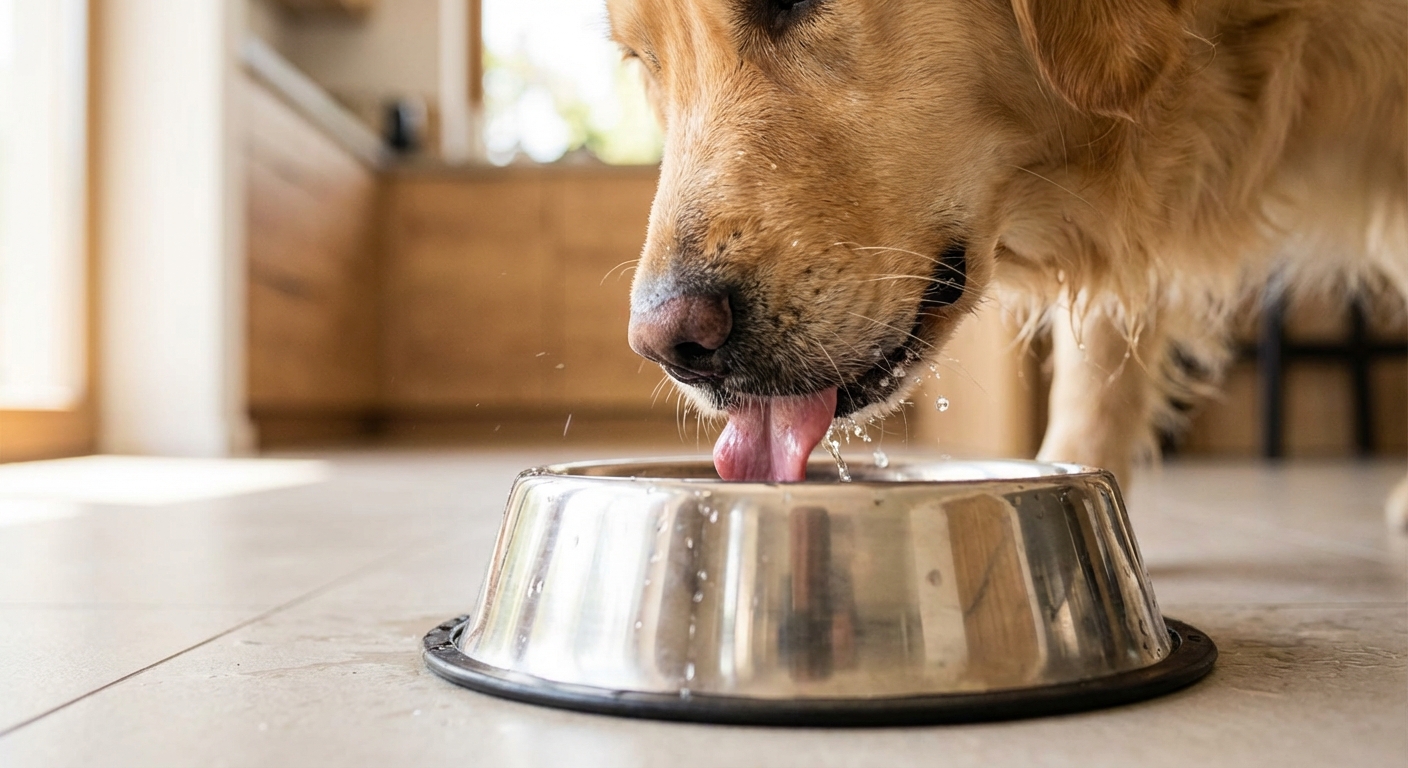 A close-up photograph of a dog drinking fresh water from a stainless steel bowl indoors