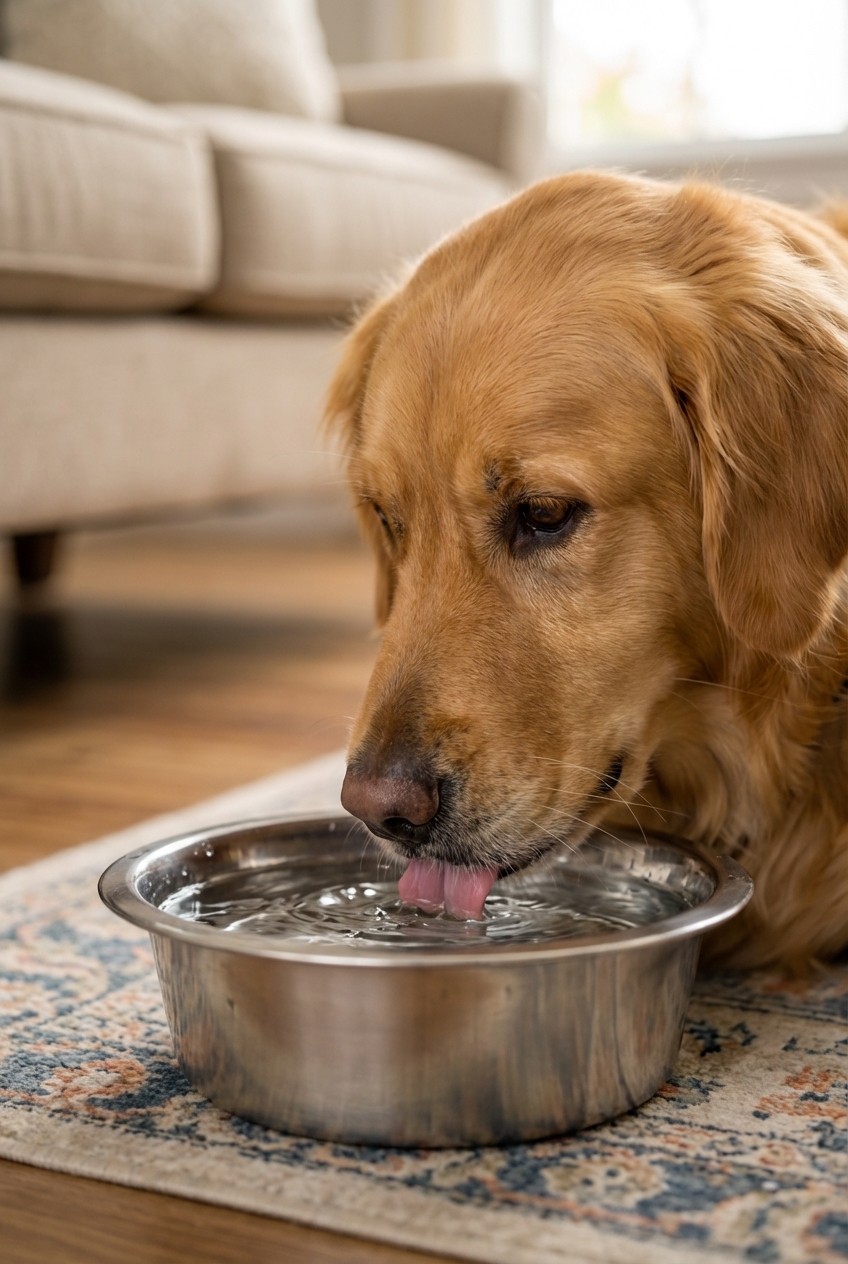 A close-up photograph of a dog drinking small sips of water from a stainless steel bowl