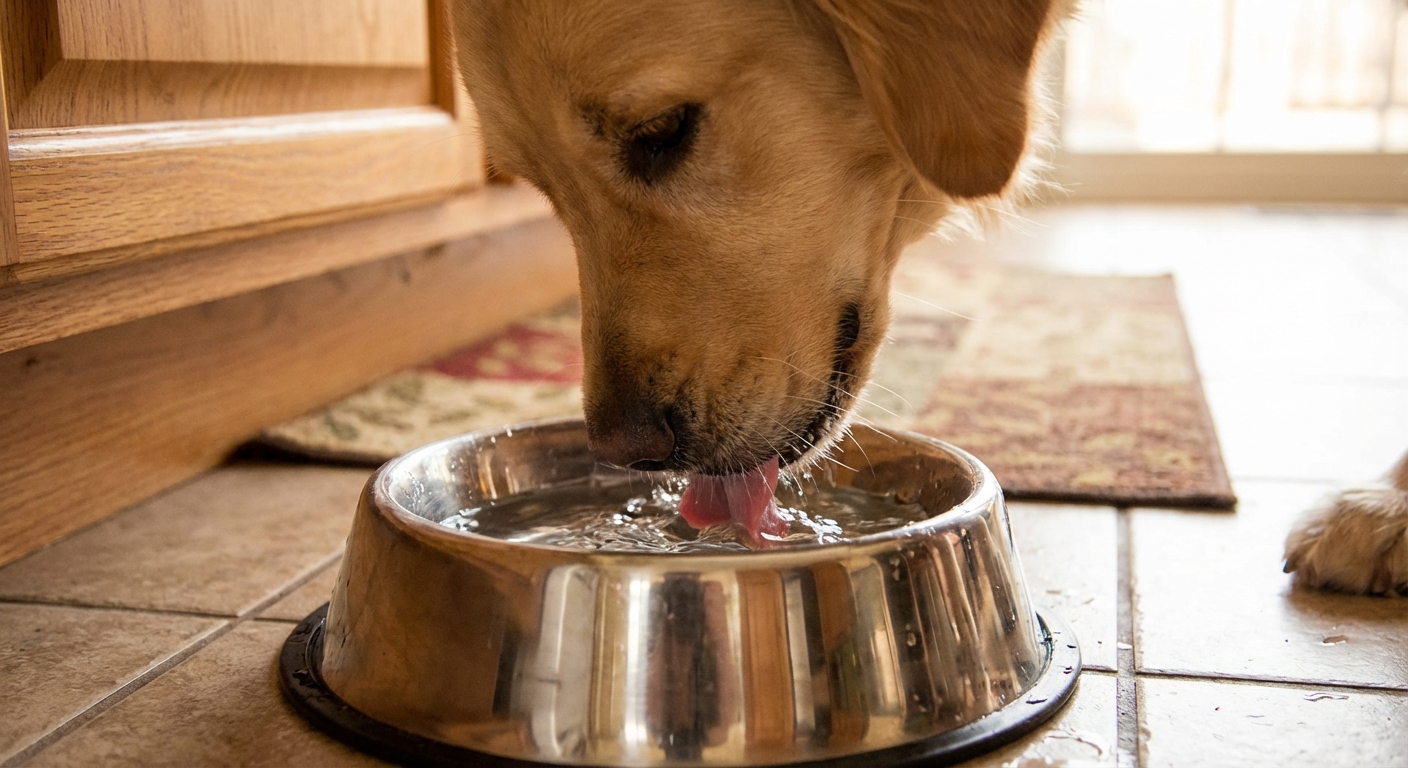 A close-up photograph of a dog drinking water from a stainless steel bowl in a kitchen