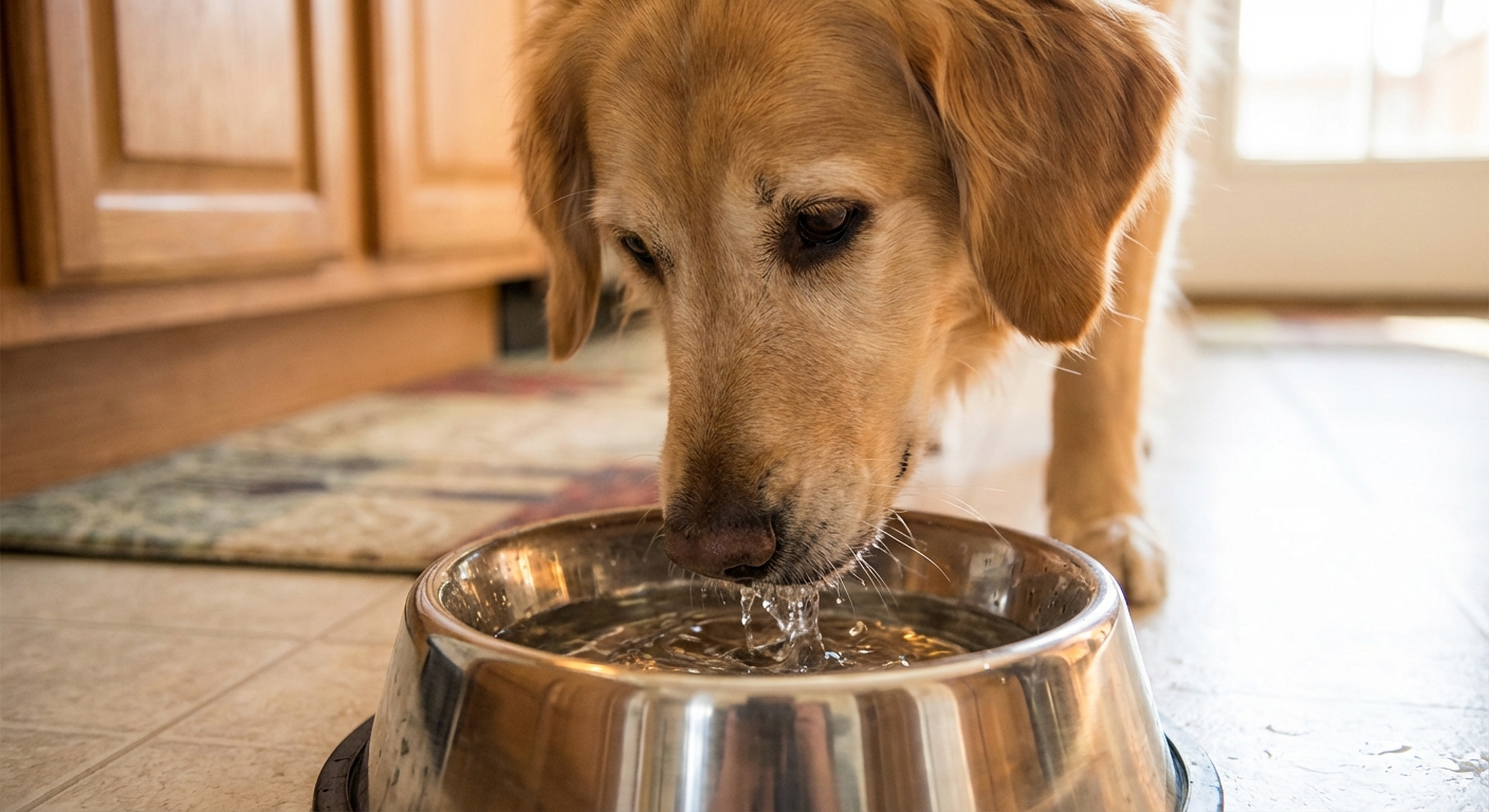 A close-up photograph of a dog drinking water from a stainless steel bowl on a kitchen floor