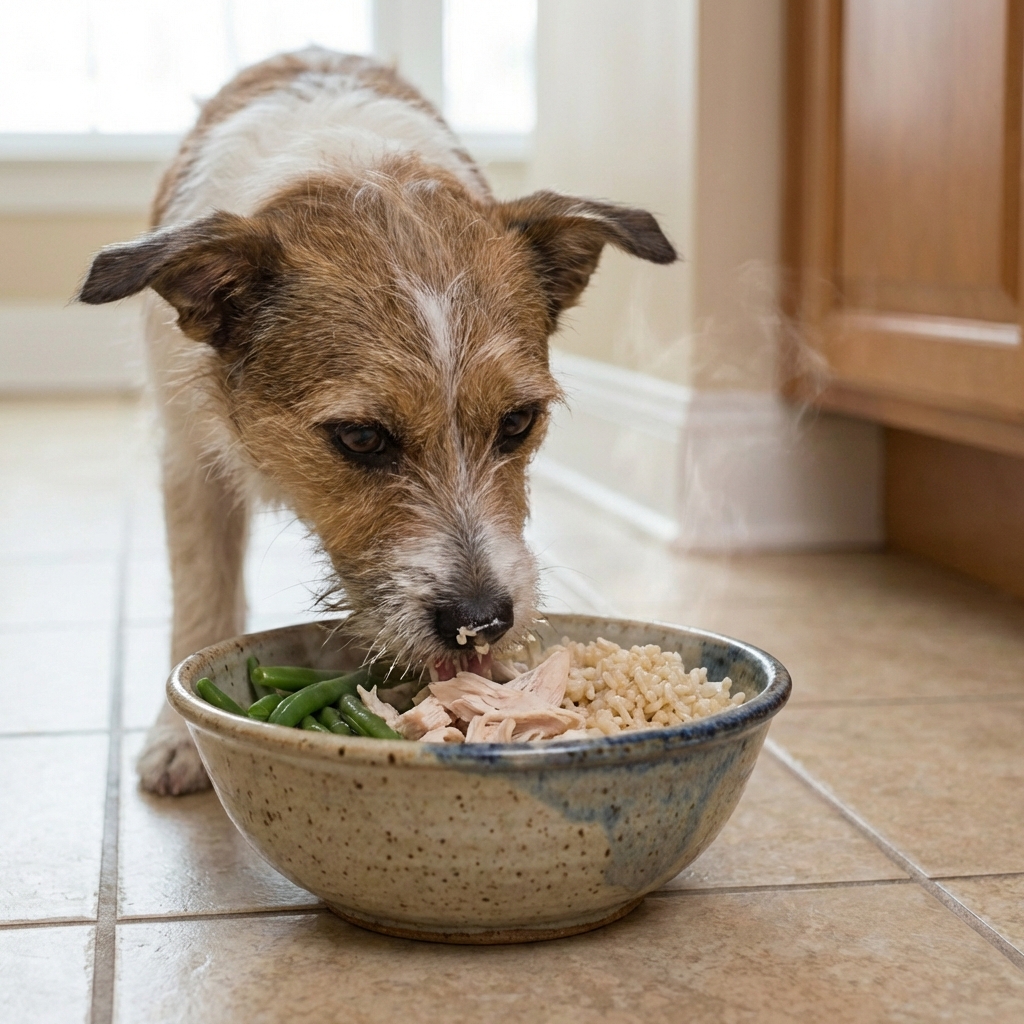 A close-up photograph of a dog eating from a ceramic bowl containing a simple cooked meal