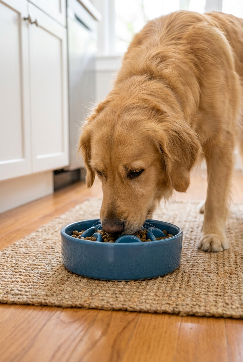 A close-up photograph of a dog eating from a slow feeder bowl on a kitchen mat
