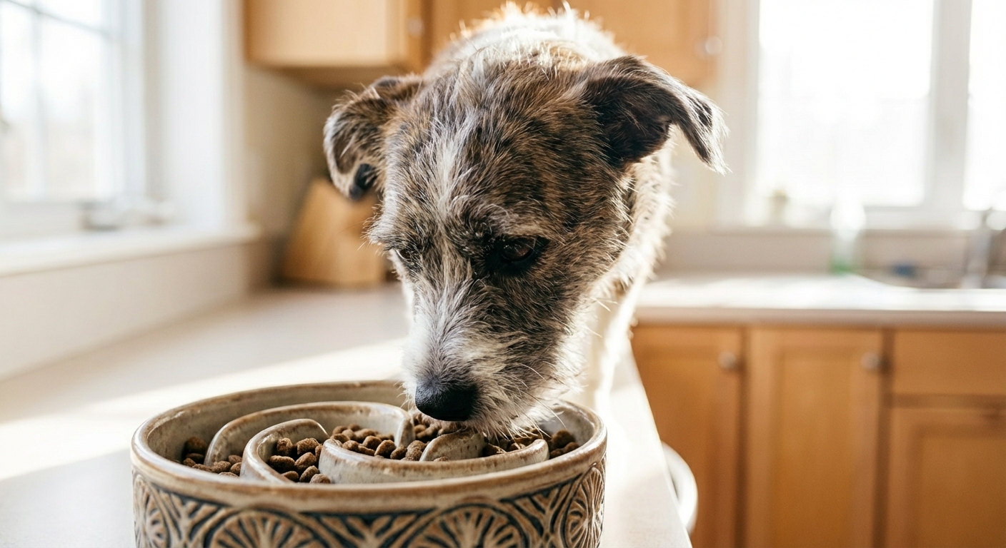 A close-up photograph of a dog eating from a slow feeder bowl in a bright kitchen