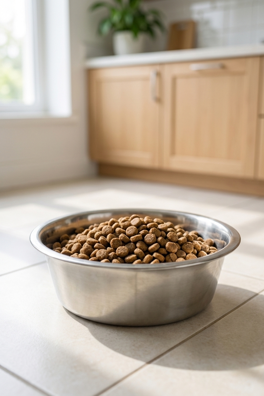 A close-up photograph of a dog food bowl filled with veterinary prescription kibble on a clean kitchen floor, soft natural window light, realistic photography