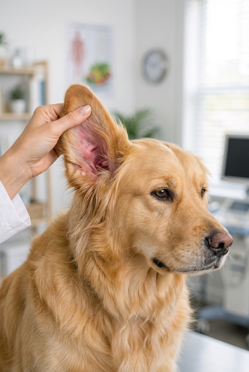 A close-up photograph of a dog having its ear gently lifted by a person checking for redness