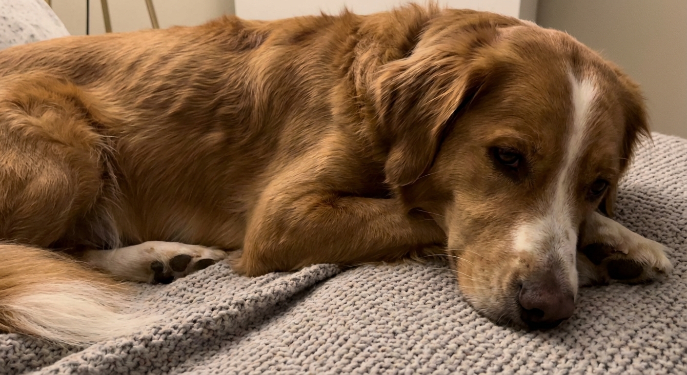 A close-up photograph of a dog lying on a blanket with visible effort in the chest and abdomen while breathing