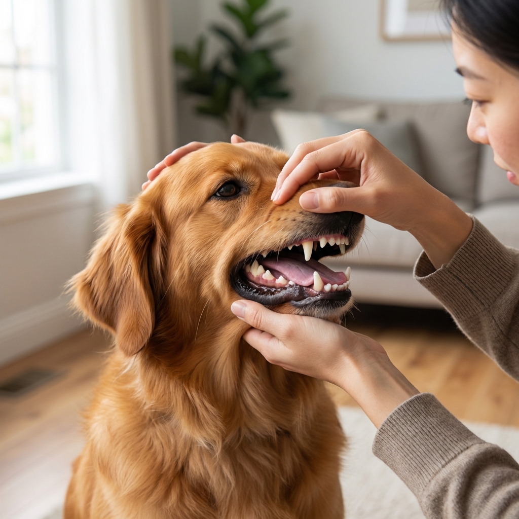 A close-up photograph of a dog owner gently lifting a dog’s lip to look at the teeth and gums under indoor light
