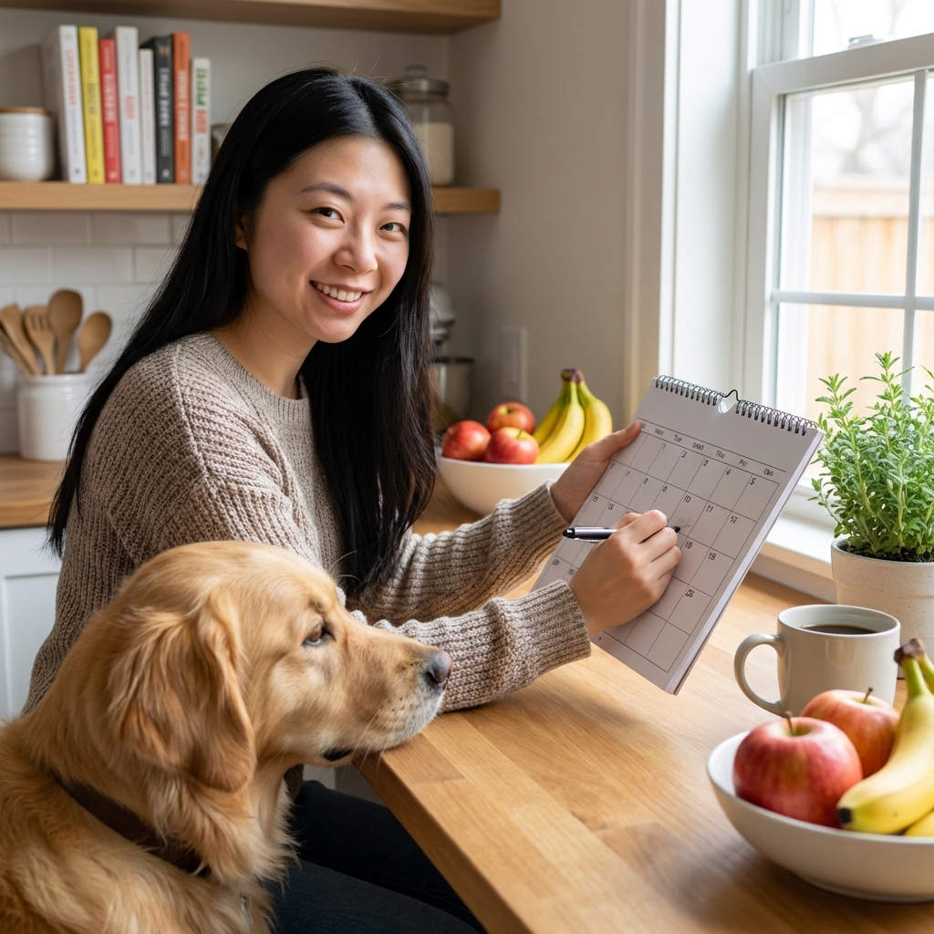 A close-up photograph of a dog owner holding a calendar and pen at a kitchen table