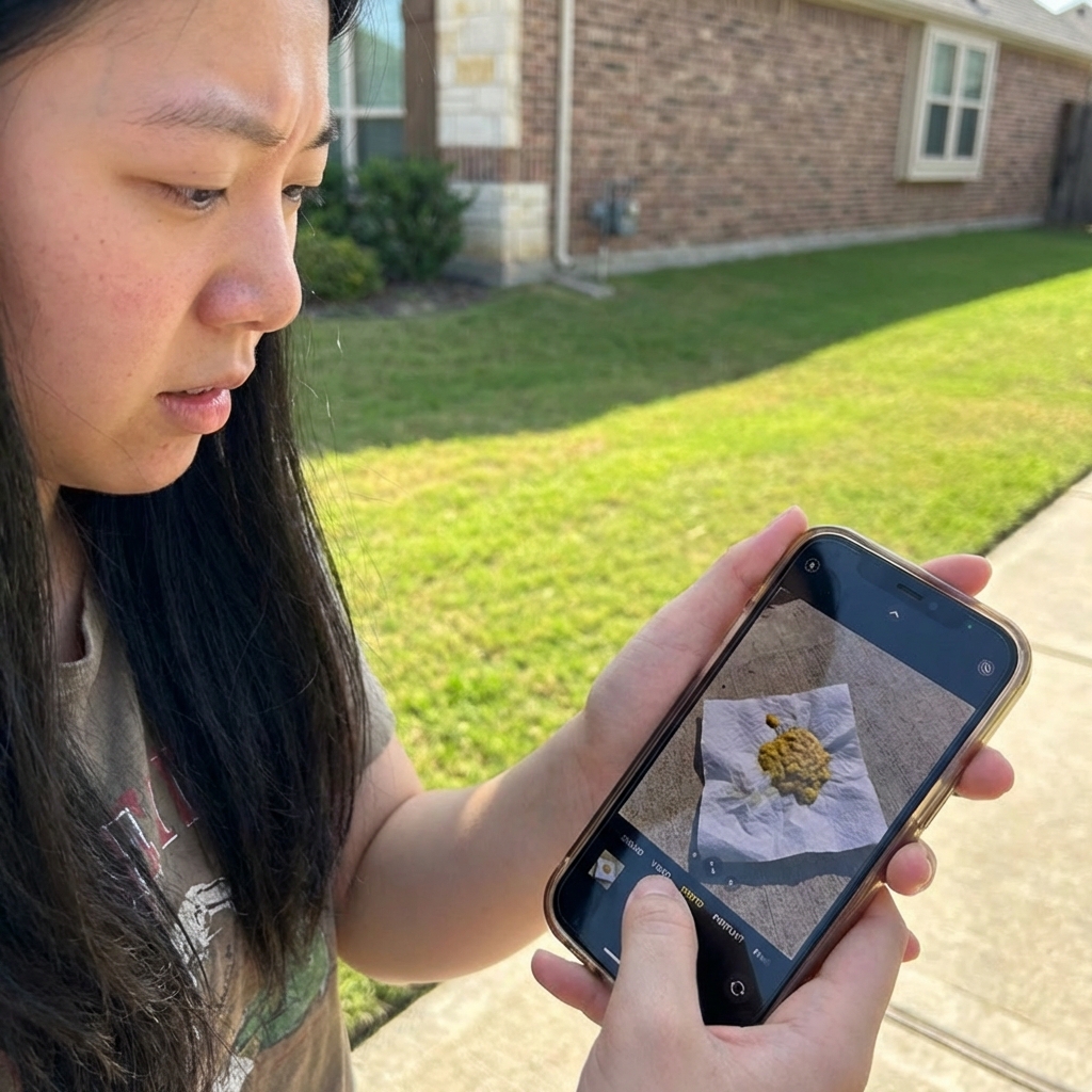A close-up photograph of a dog owner holding a smartphone to take a picture of a small amount of yellow vomit on a paper towel