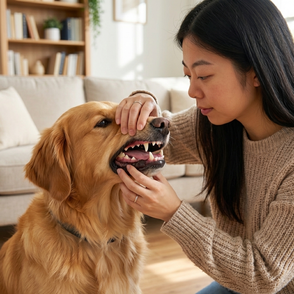 A close-up photograph of a dog owner lifting a dog's lip to check gum color in natural daylight