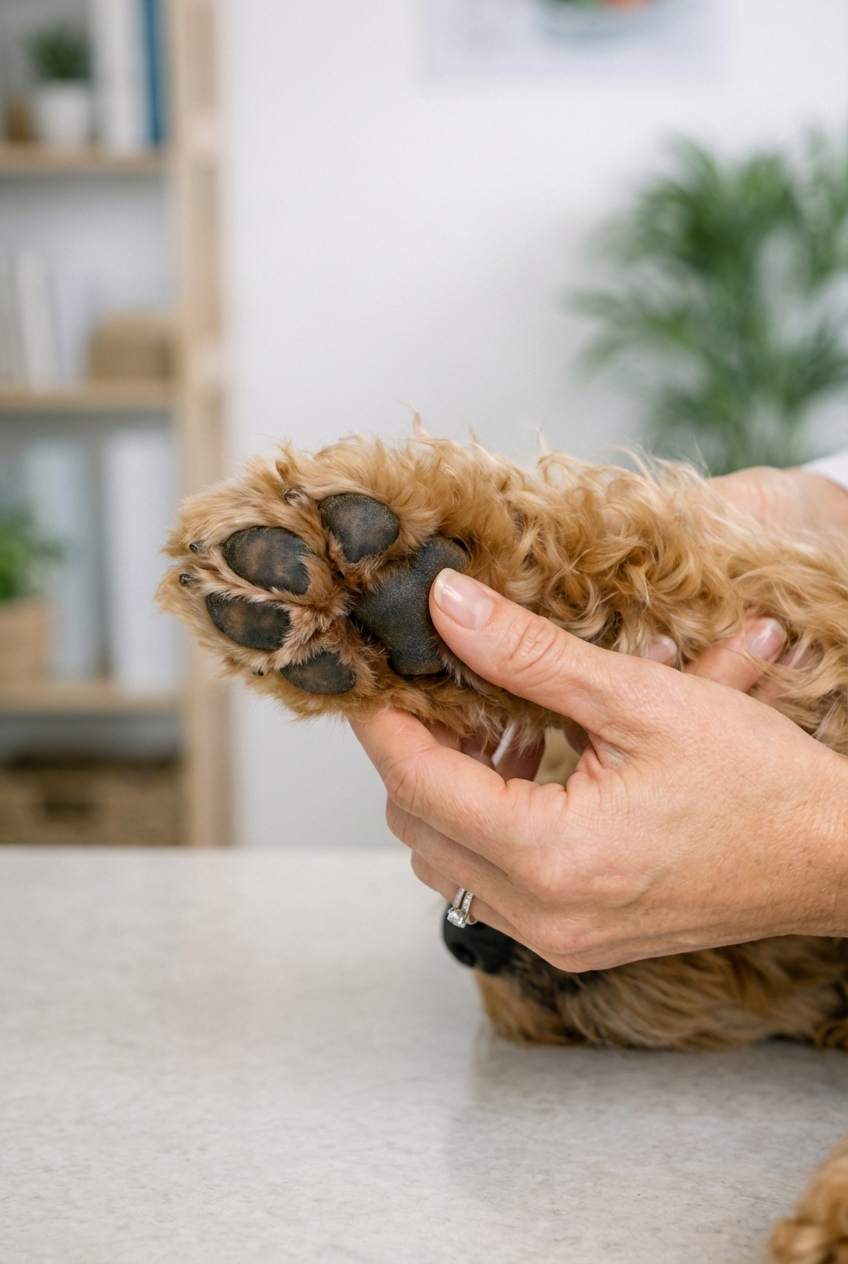 A close-up photograph of a dog paw being gently held by a person checking the pads