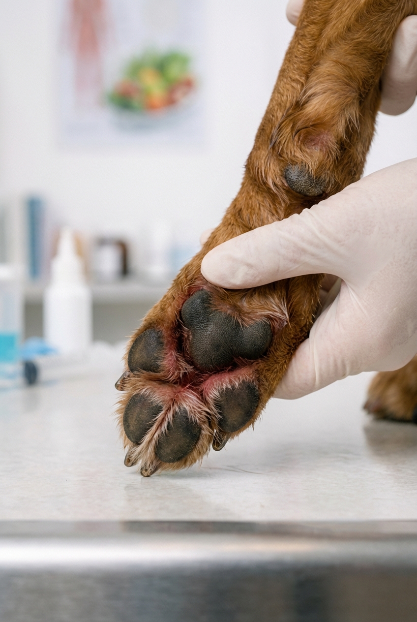 A close-up photograph of a dog paw with mild redness between the toes and slightly damp fur