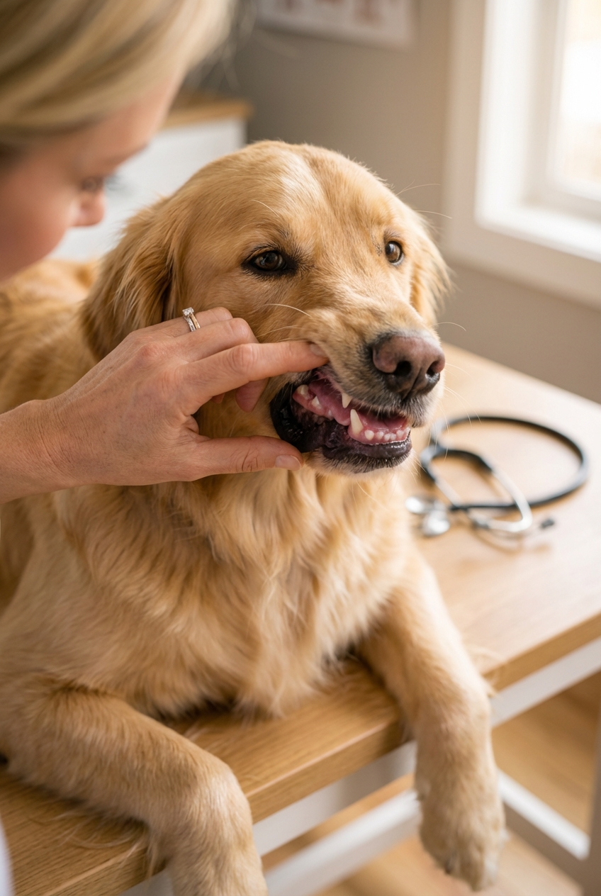 A close-up photograph of a dog resting with a person gently lifting the lip to check gum color