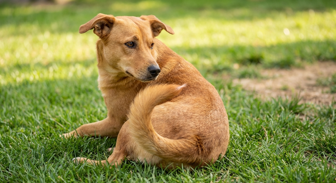 A close-up photograph of a dog sitting on grass and turning its head toward its hind end