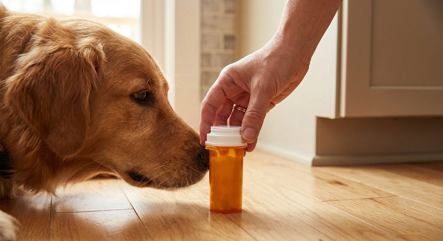 A close-up photograph of a dog sniffing a pill bottle on a kitchen floor while an adult hand reaches to pick it up