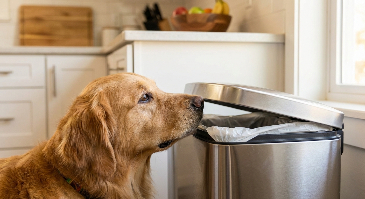 A close-up photograph of a dog sniffing near an open trash can in a kitchen