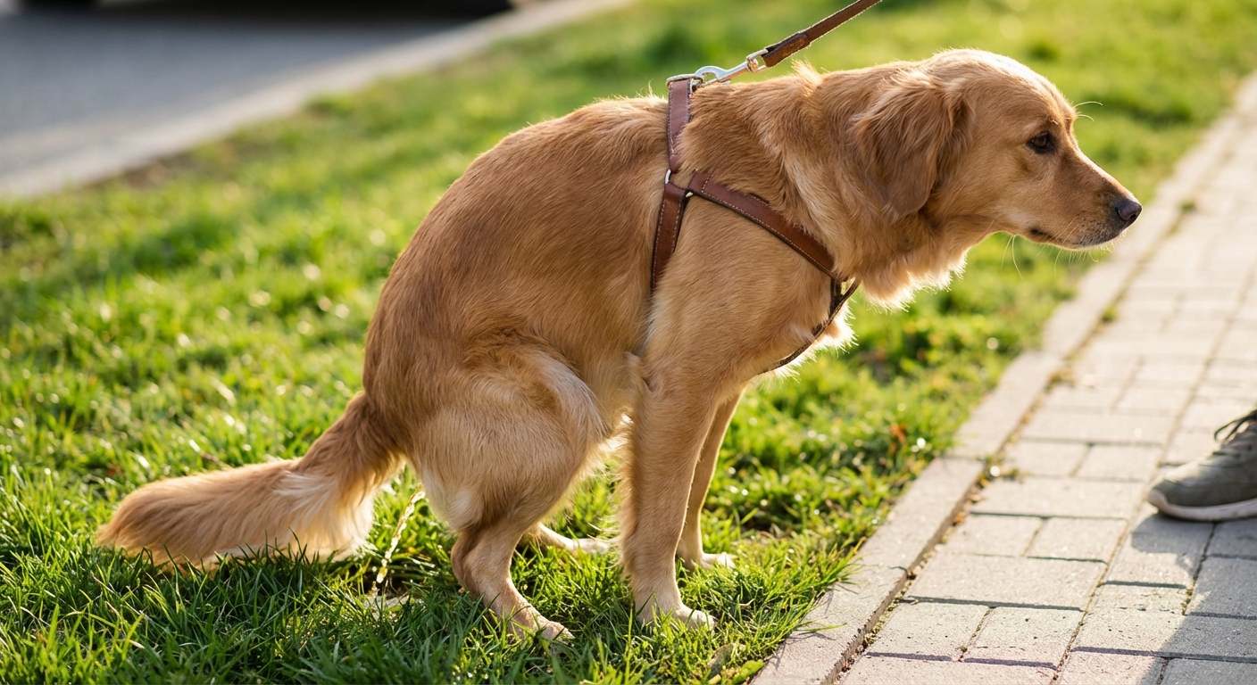 A close-up photograph of a dog squatting to urinate on grass during a walk