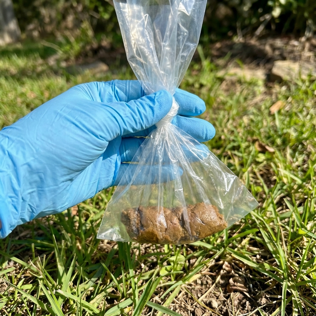 A close-up photograph of a dog stool sample in a tied plastic bag held by a gloved hand outdoors