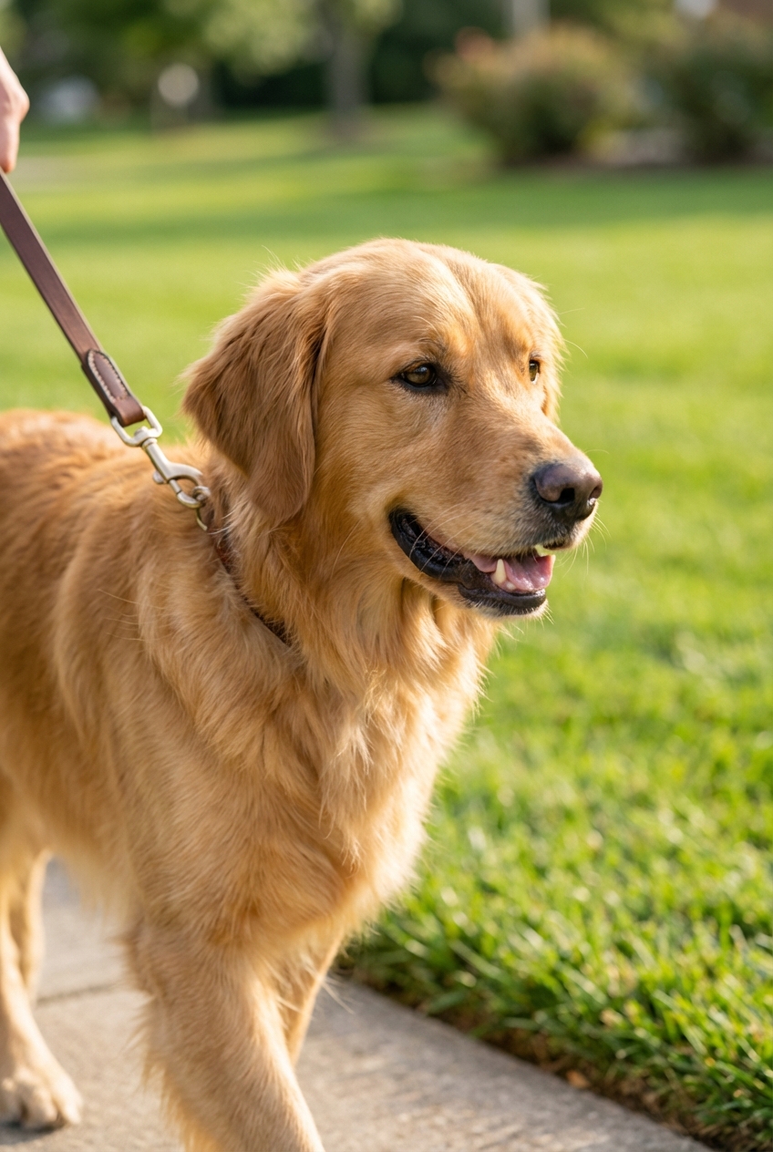 A close-up photograph of a dog walking outdoors on a leash near a grassy area