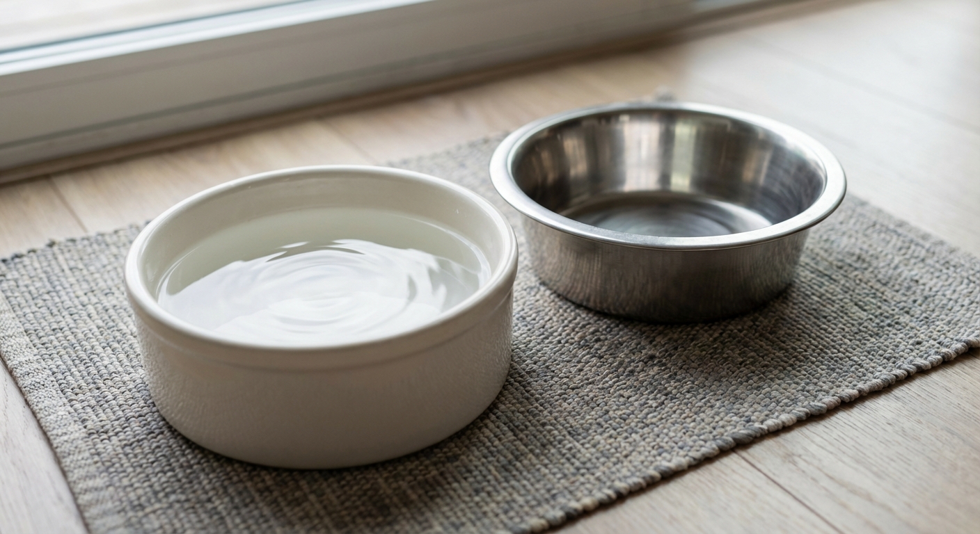 A close-up photograph of a dog water bowl next to a clean food bowl on a kitchen mat