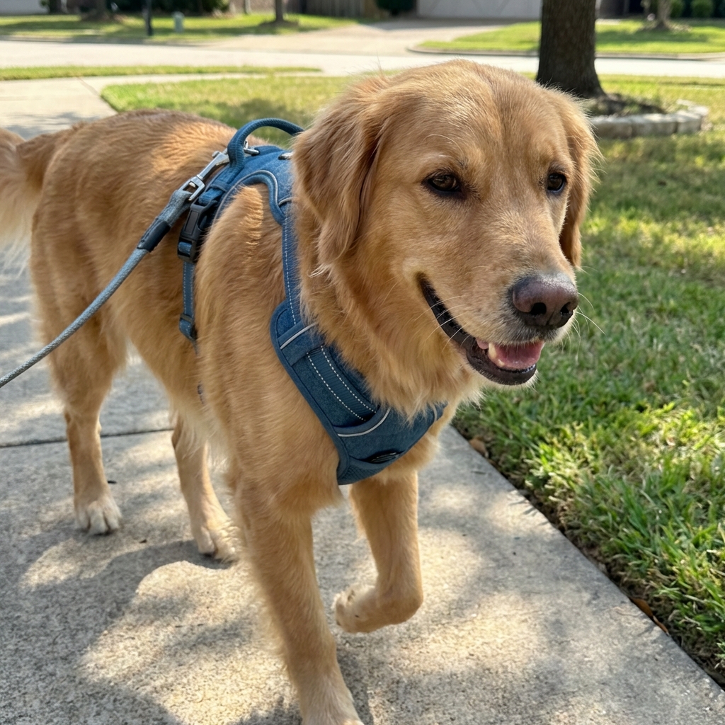 A close-up photograph of a dog wearing a comfortable harness while walking on a sidewalk