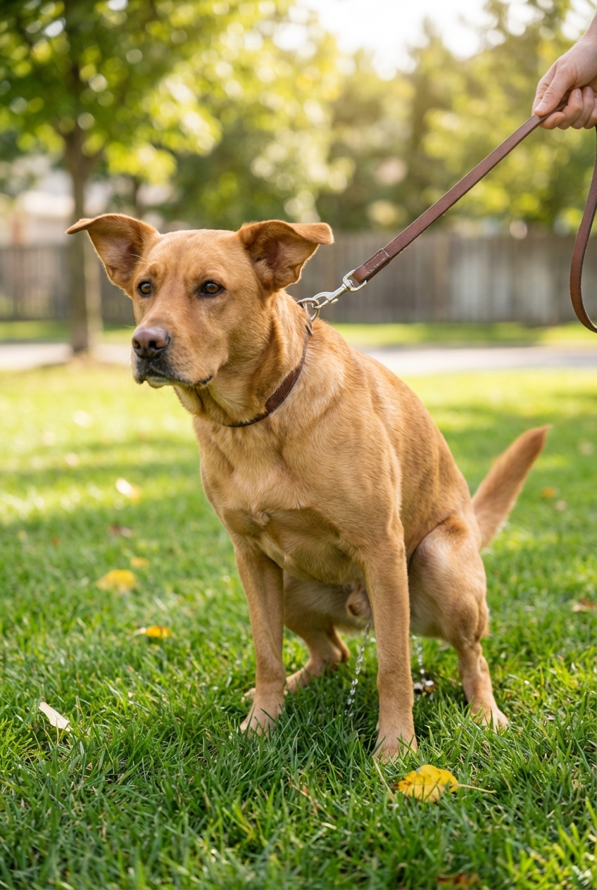 A close-up photograph of a dog wearing a leash outside on grass during a potty break