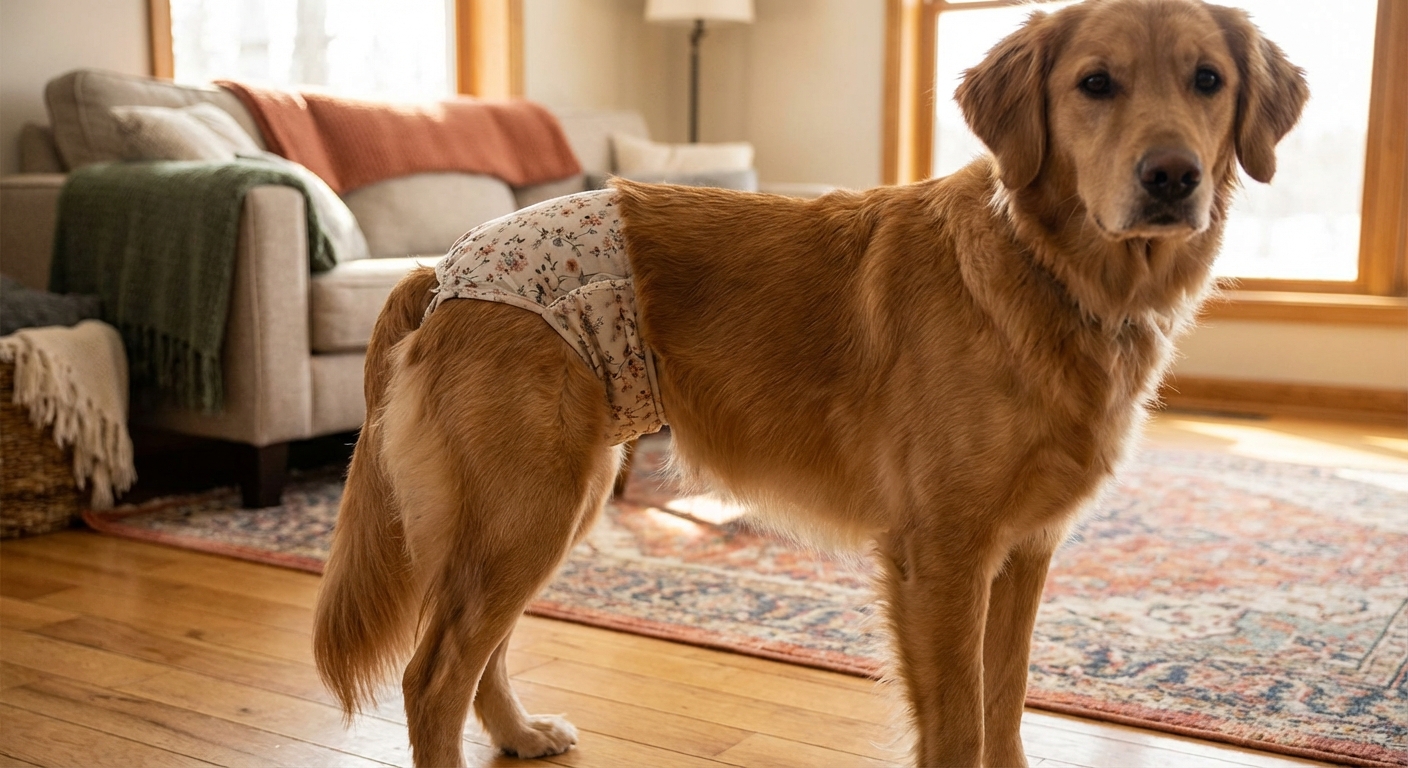 A close-up photograph of a dog wearing a snug dog heat diaper while standing in a living room