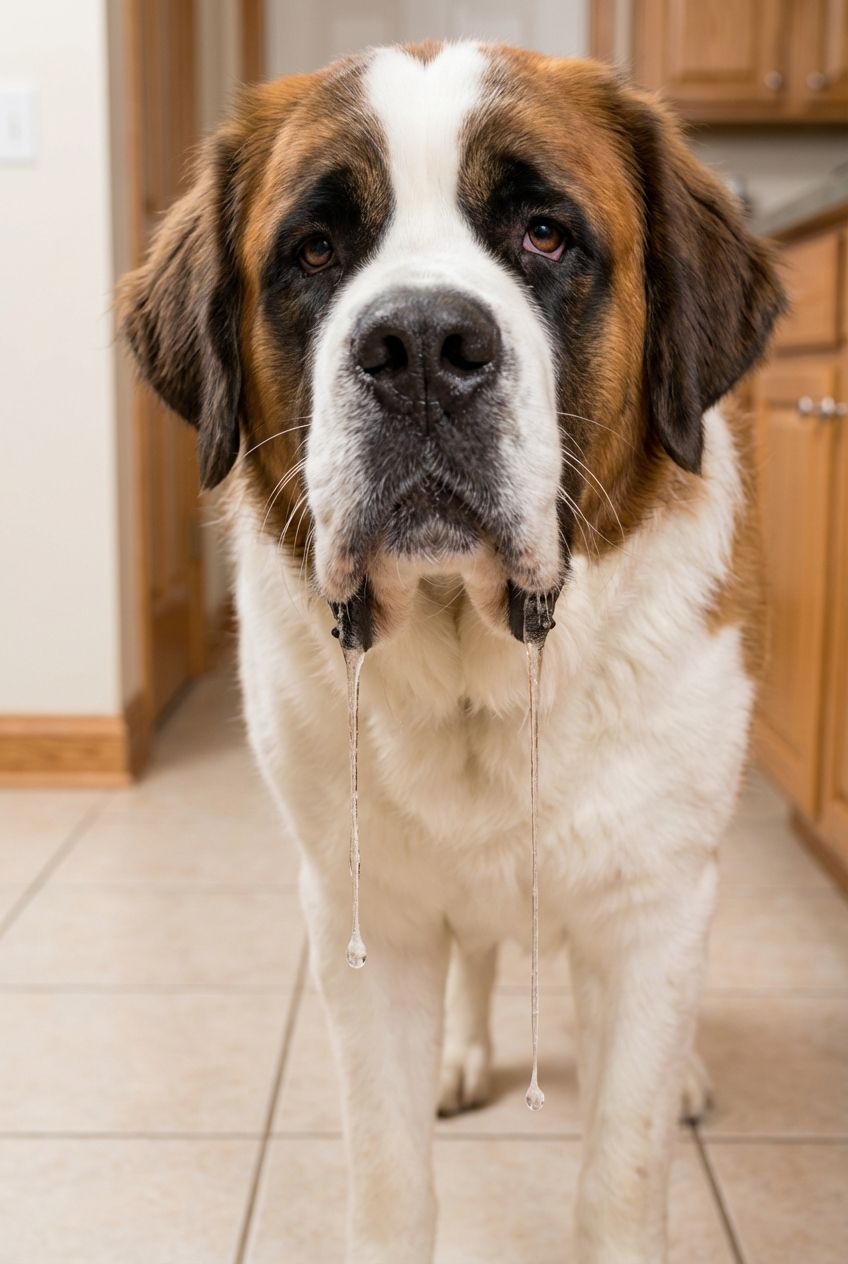 A close-up photograph of a dog with visible drool strings at the mouth, standing indoors on a tile floor