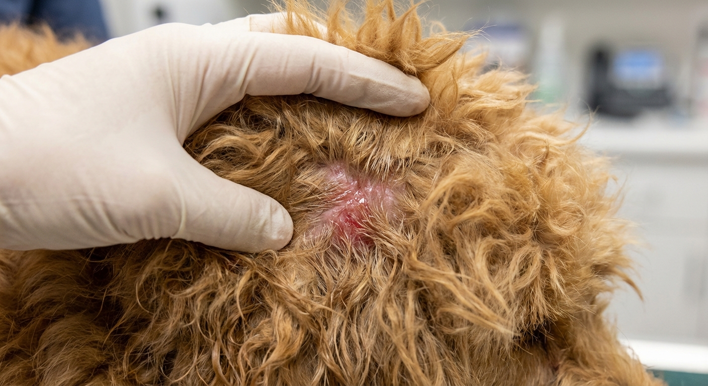 A close-up photograph of a dog’s coat with a small matted area being gently separated to reveal moist, reddened skin underneath