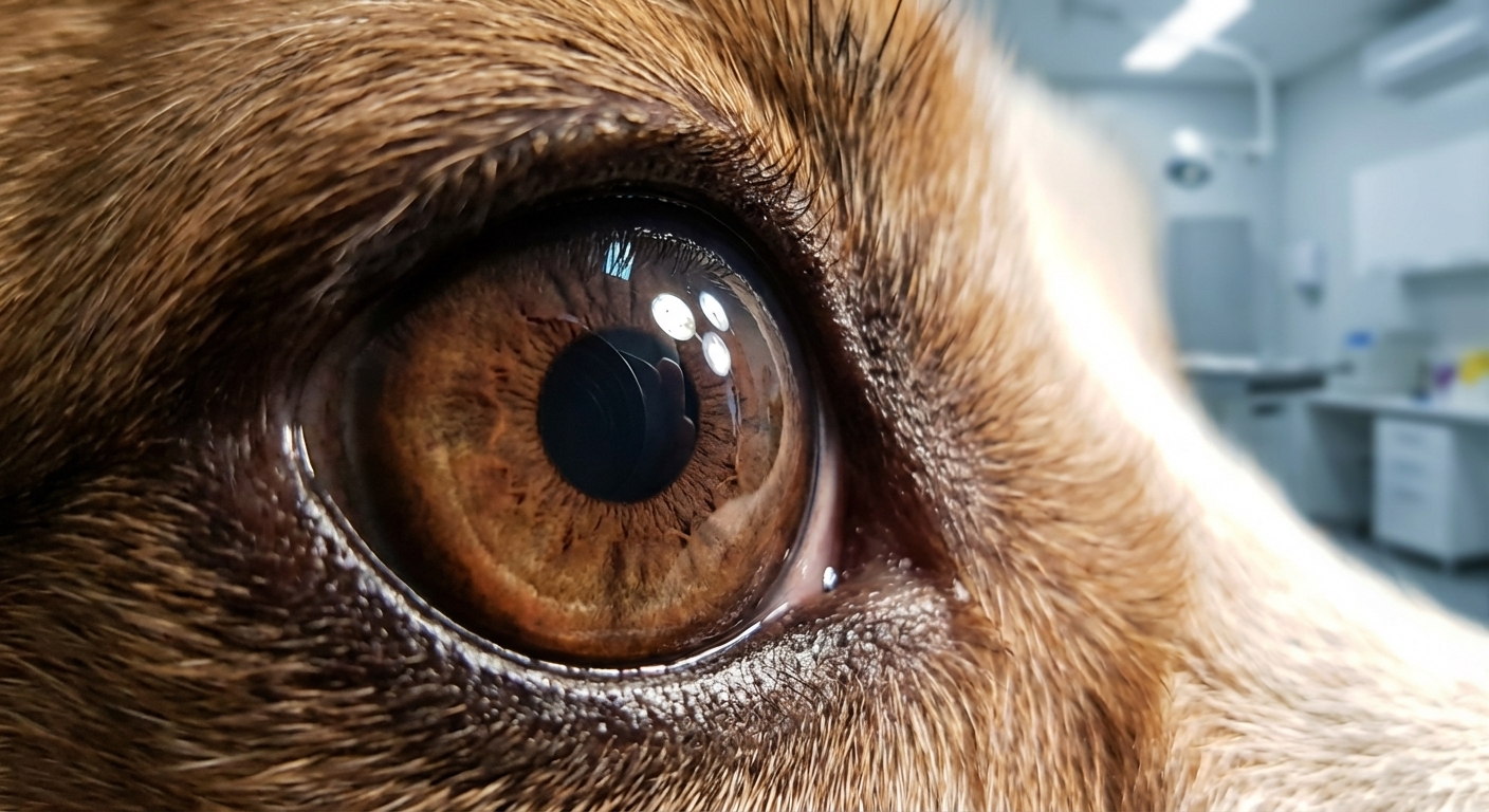 A close-up photograph of a dog’s eye showing the pupil and lens area in sharp focus, with visible light reflections on the corneal surface, clinical veterinary photography style, photorealistic