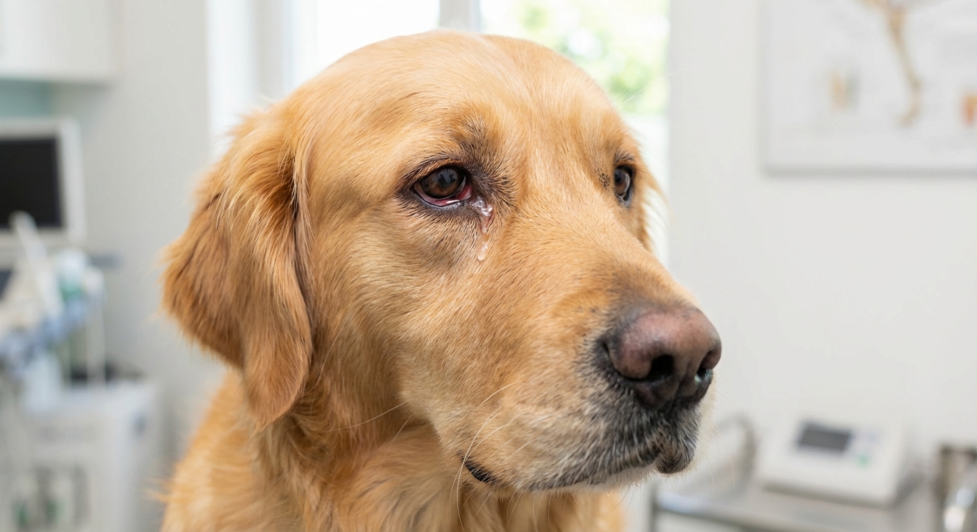 A close-up photograph of a dog’s face showing a mildly red eye with watery discharge at the inner corner