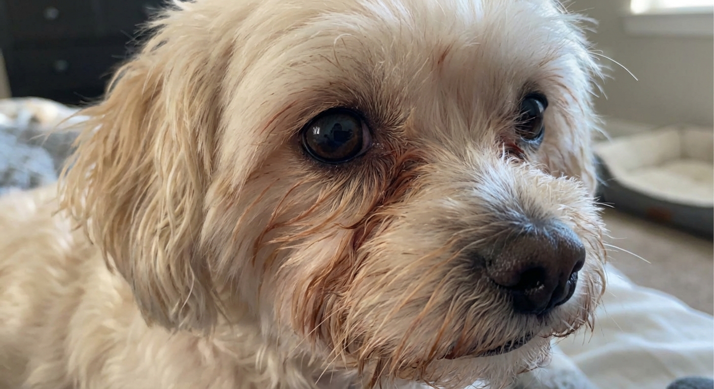 A close-up photograph of a dog’s face showing tear staining under the eye with damp fur