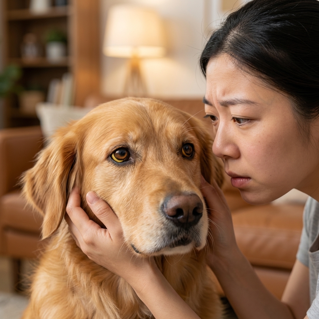 A close-up photograph of a dog's face showing yellow discoloration in the whites of the eyes, with soft indoor lighting and a concerned owner gently holding the dog