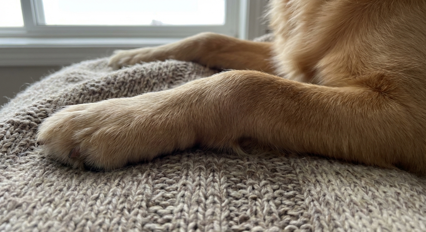 A close-up photograph of a dog's front leg with visible swelling near the wrist area while the dog rests on a blanket indoors, soft natural light