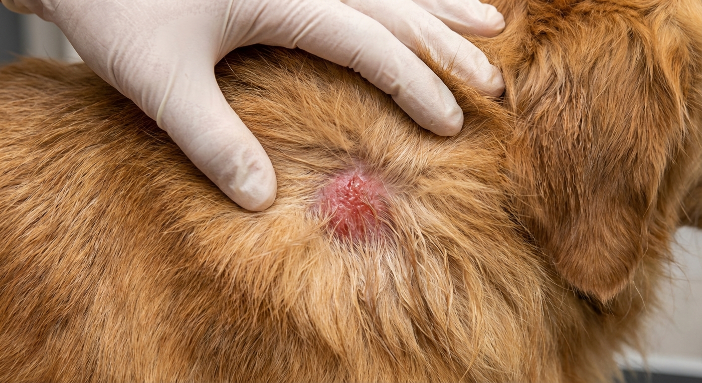 A close-up photograph of a dog’s fur being gently lifted to reveal a small moist red patch of skin