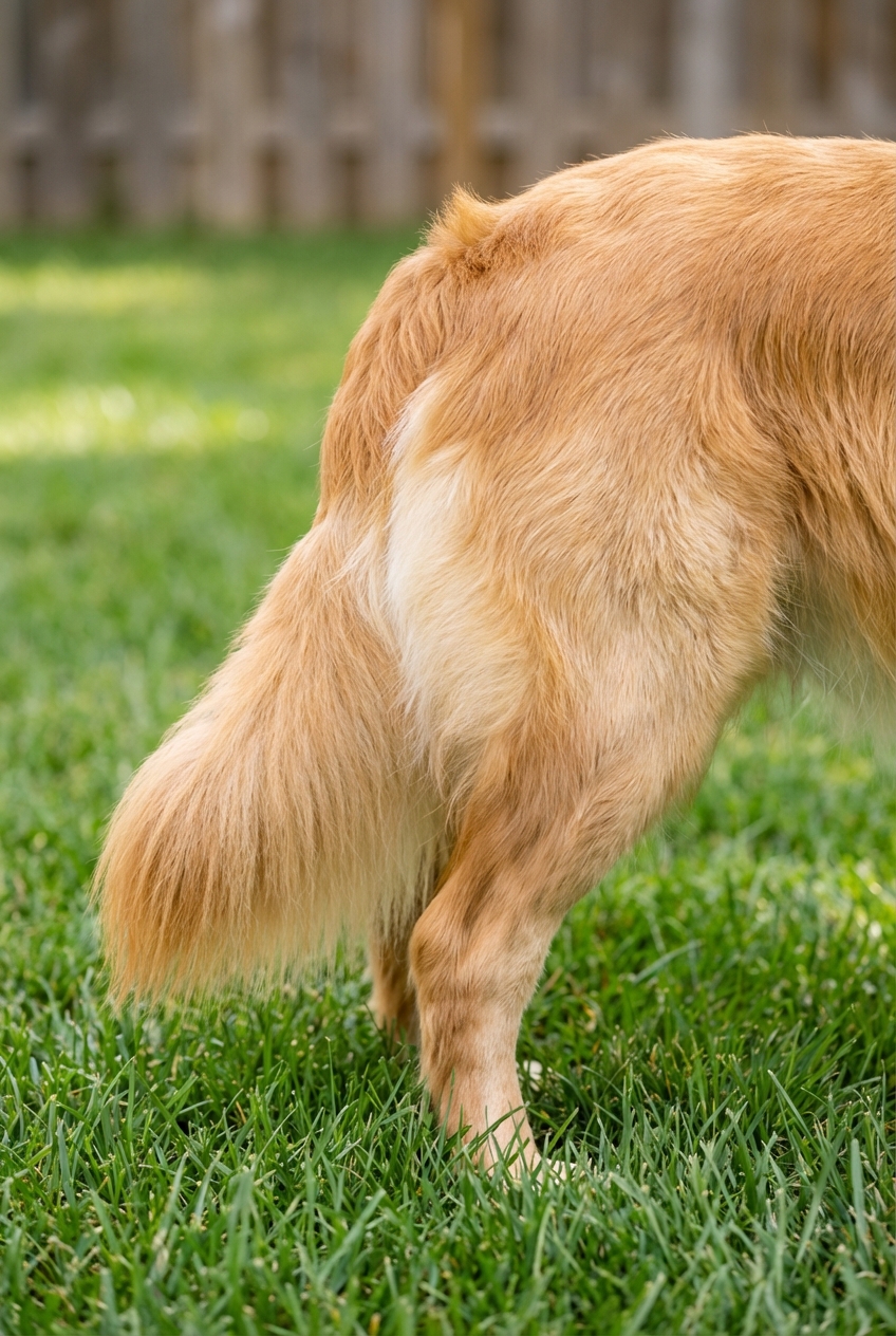 A close-up photograph of a dog’s hindquarters and tail as the dog stands outdoors on grass
