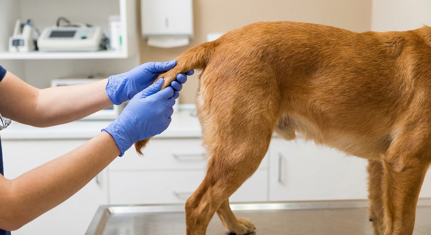 A close-up photograph of a dog’s hindquarters with a person gently lifting the tail in a veterinary exam room