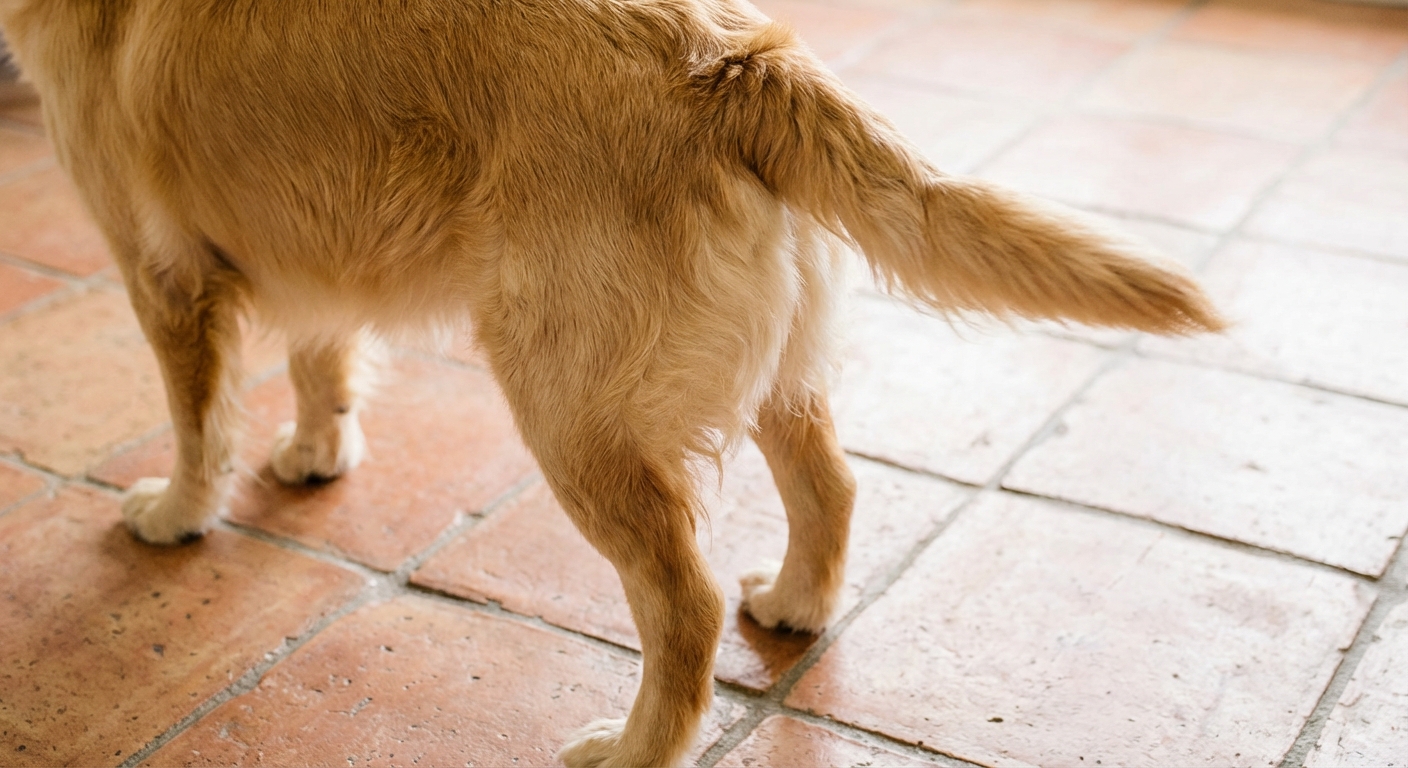 A close-up photograph of a dog’s hindquarters with the tail lifted slightly while standing on a tiled floor