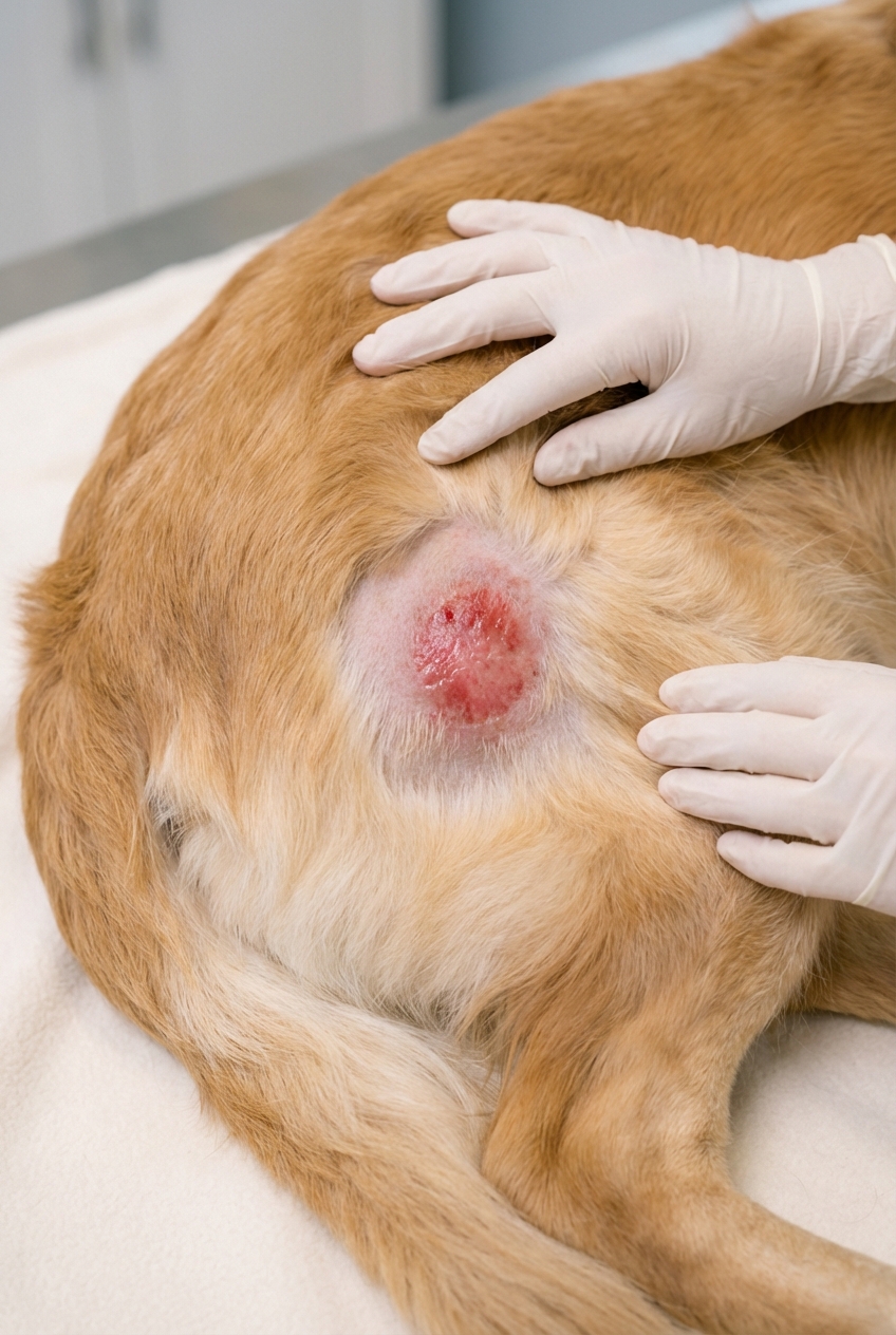 A close-up photograph of a dog’s hip area with fur clipped around a moist red hot spot on the skin