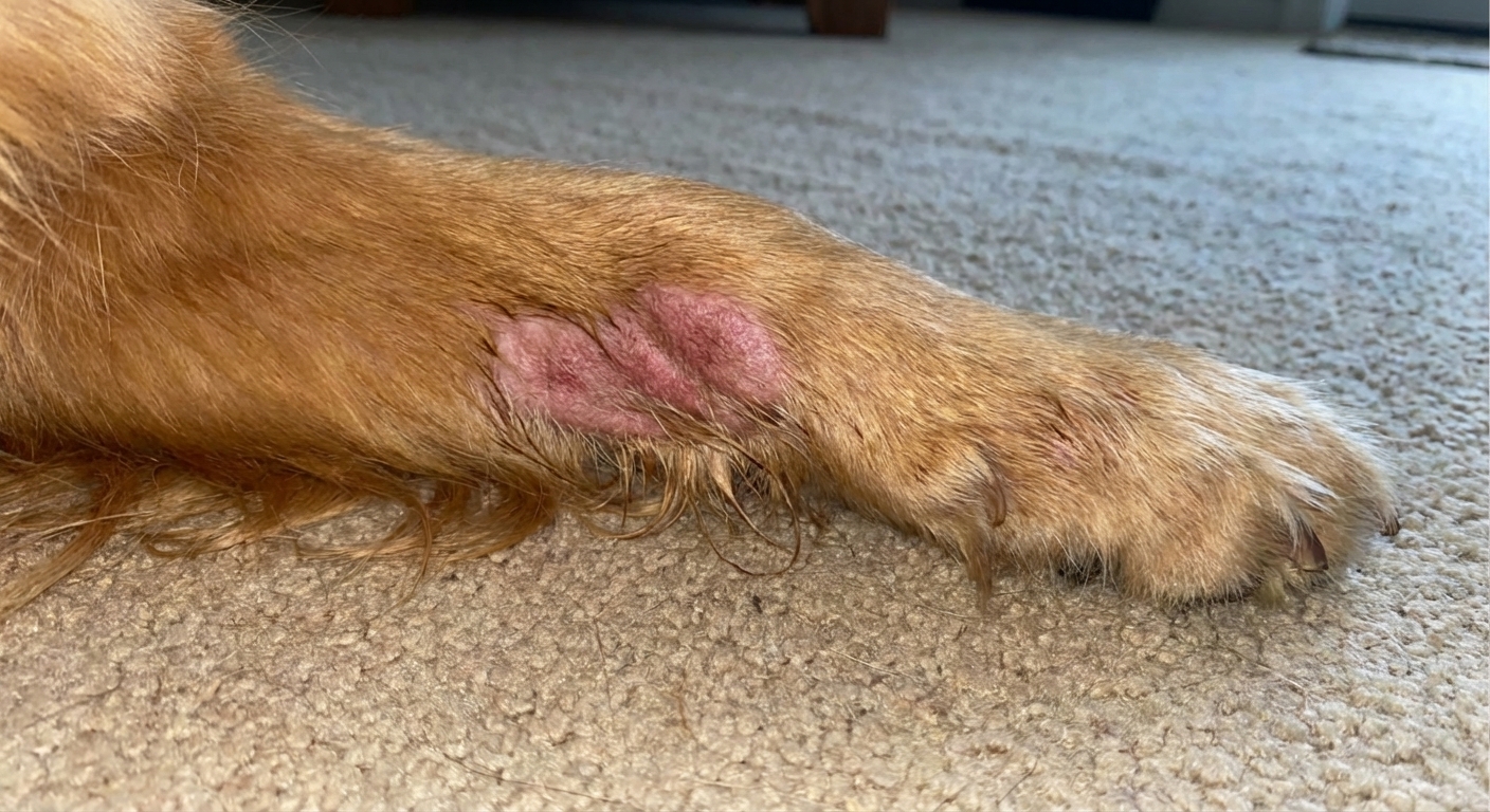 A close-up photograph of a dog’s lower front leg with a single hairless, reddened, thickened skin patch from repetitive licking, natural indoor lighting