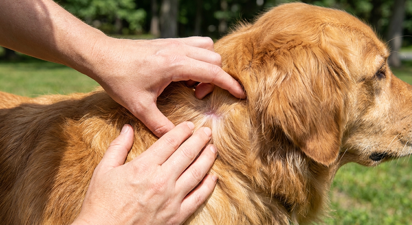A close-up photograph of a dog’s neck fur being gently parted by a hand outdoors to check for ticks
