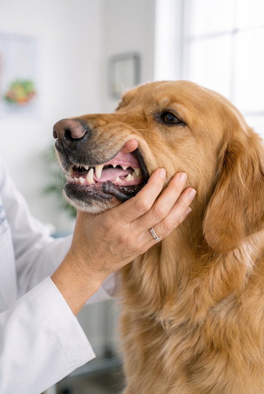 A close-up photograph of a dog's pale gums with a person gently lifting the lip to check color