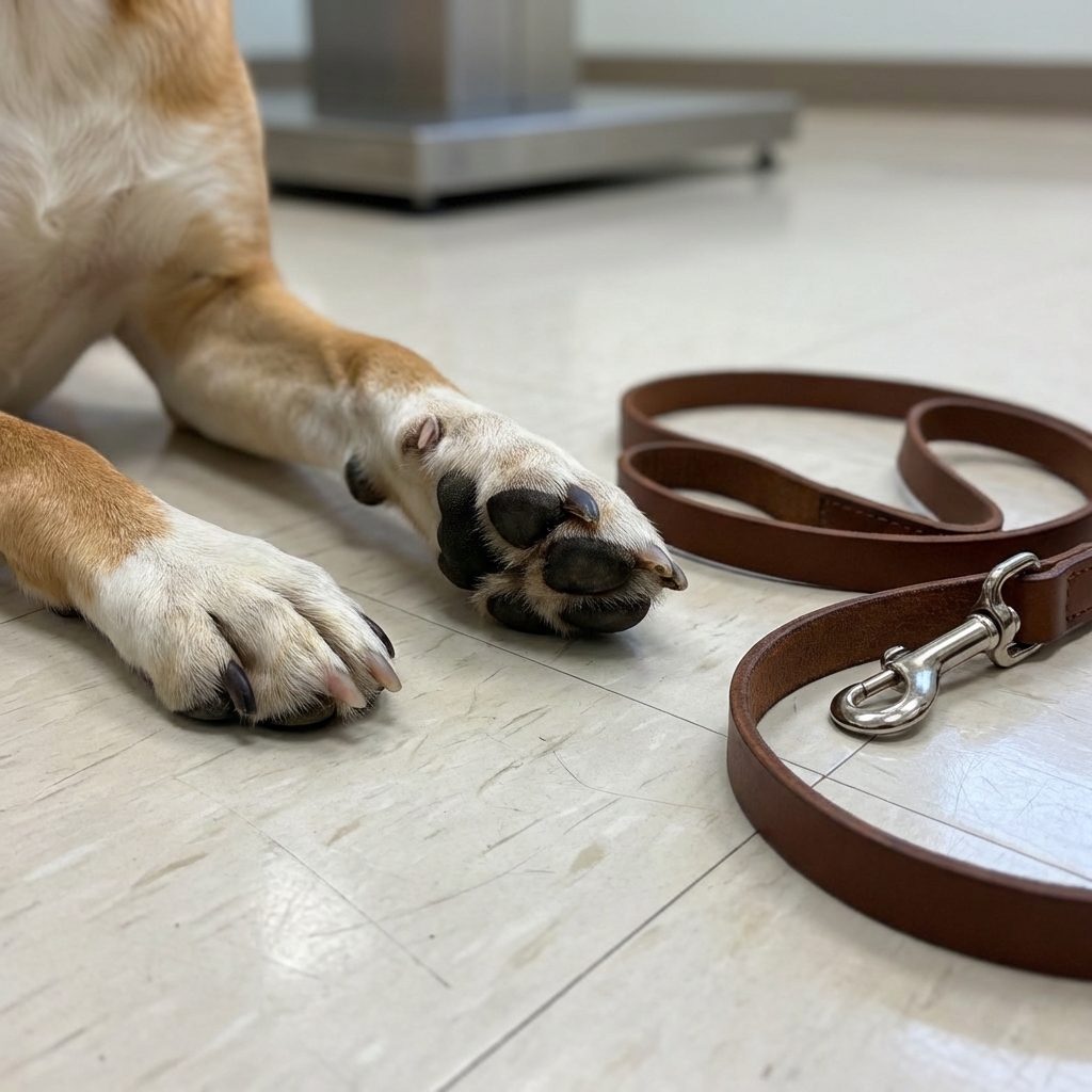 A close-up photograph of a dog’s paw next to a leash on a veterinary clinic floor